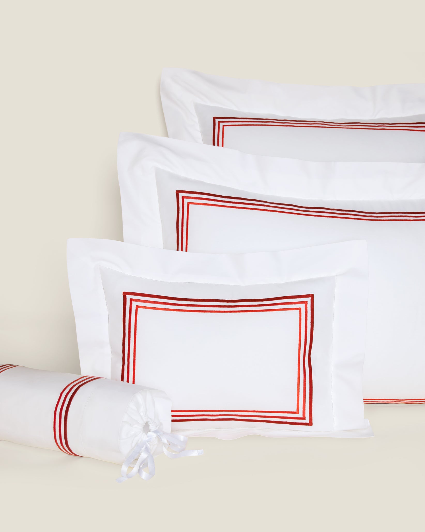 Tre Righe Ombre queen, standard, boudoir and neckroll sham in white/scarlet