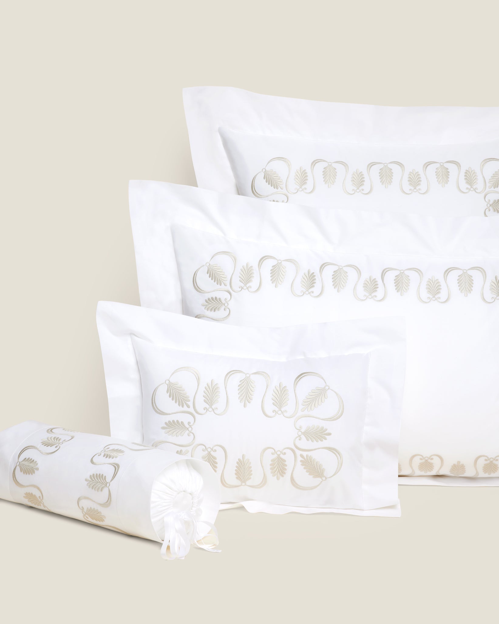 Paolina white/sage queen, standard, boudoir and neck roll sham