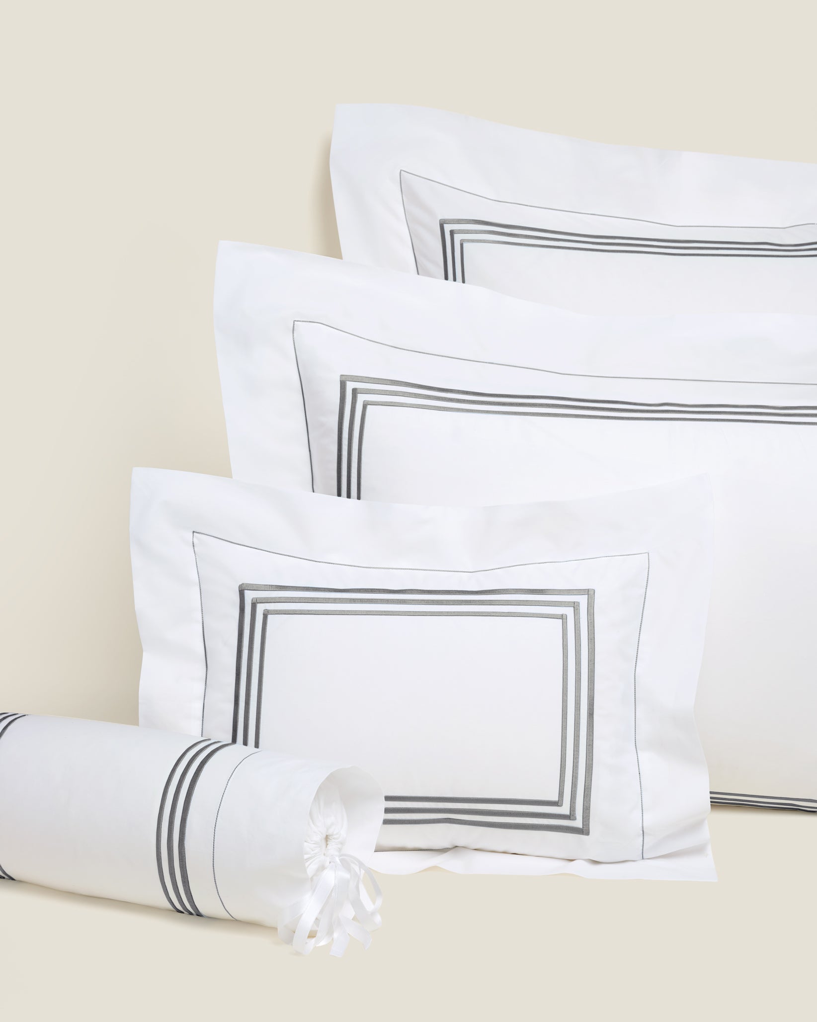 Tre Righe queen, standard, boudoir and neckroll sham in white/charcoal