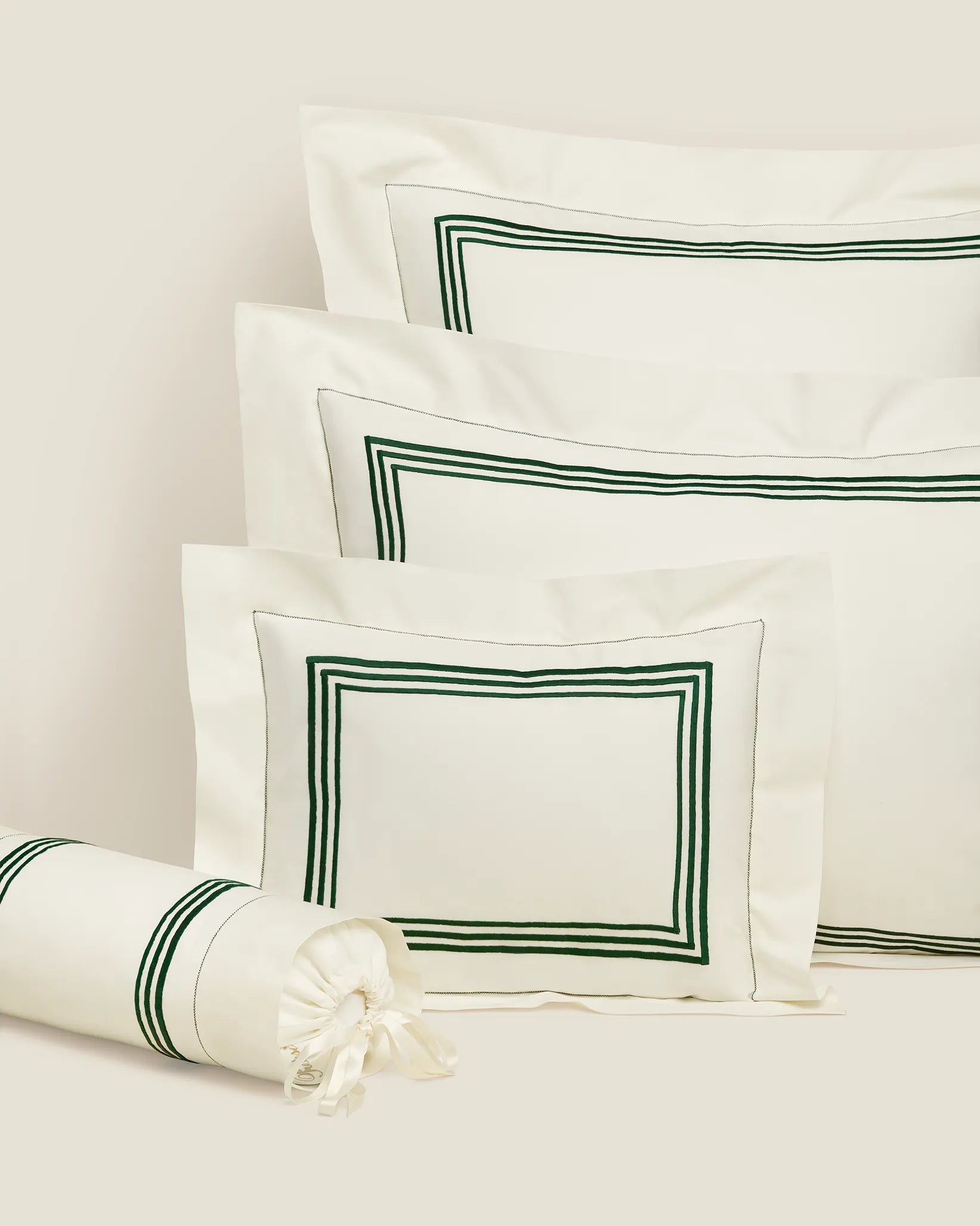 Tre Righe Ivory/Emerald queen, standard boudoir and neckroll sham