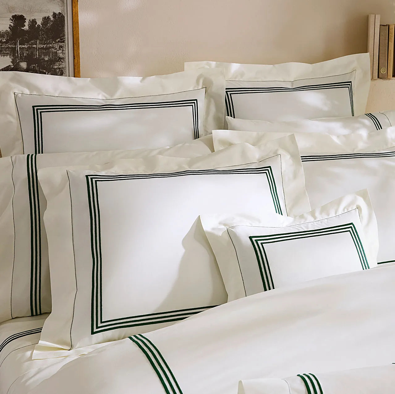 Tre Righe Ivory/Emerald shams and pillowcases