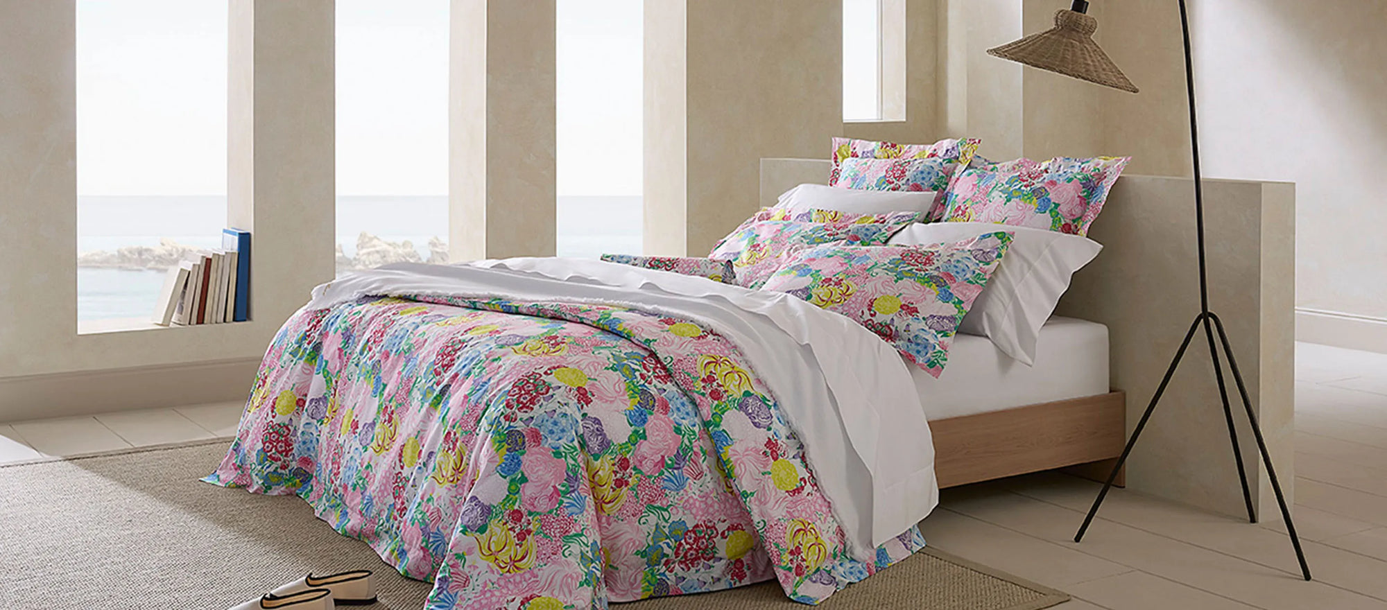Millefiori duvet cover, shams mixed with Angel Luxe flat, fitted sheet and pillowcases
