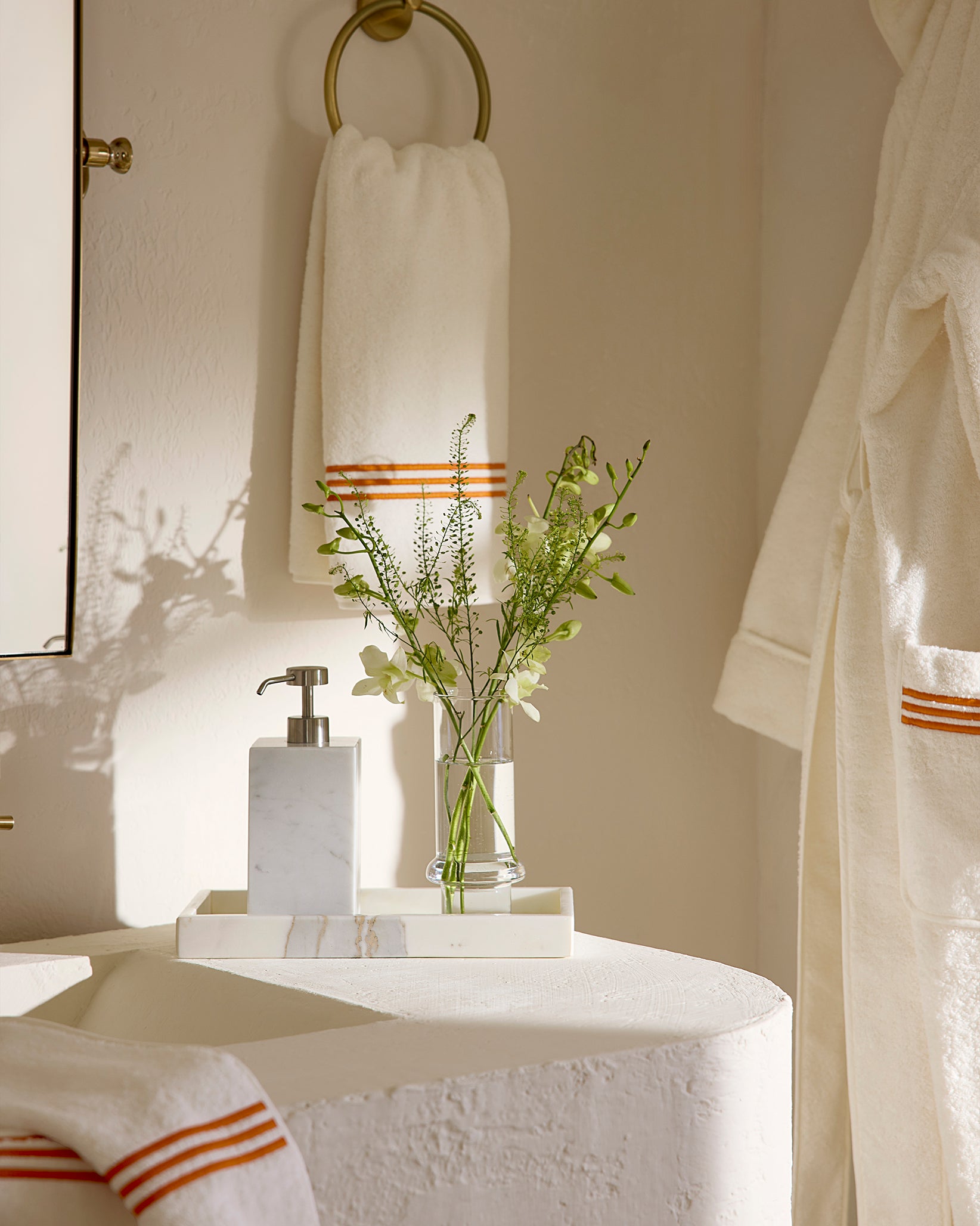 Tre Righe ivory/orange bath towels and robe