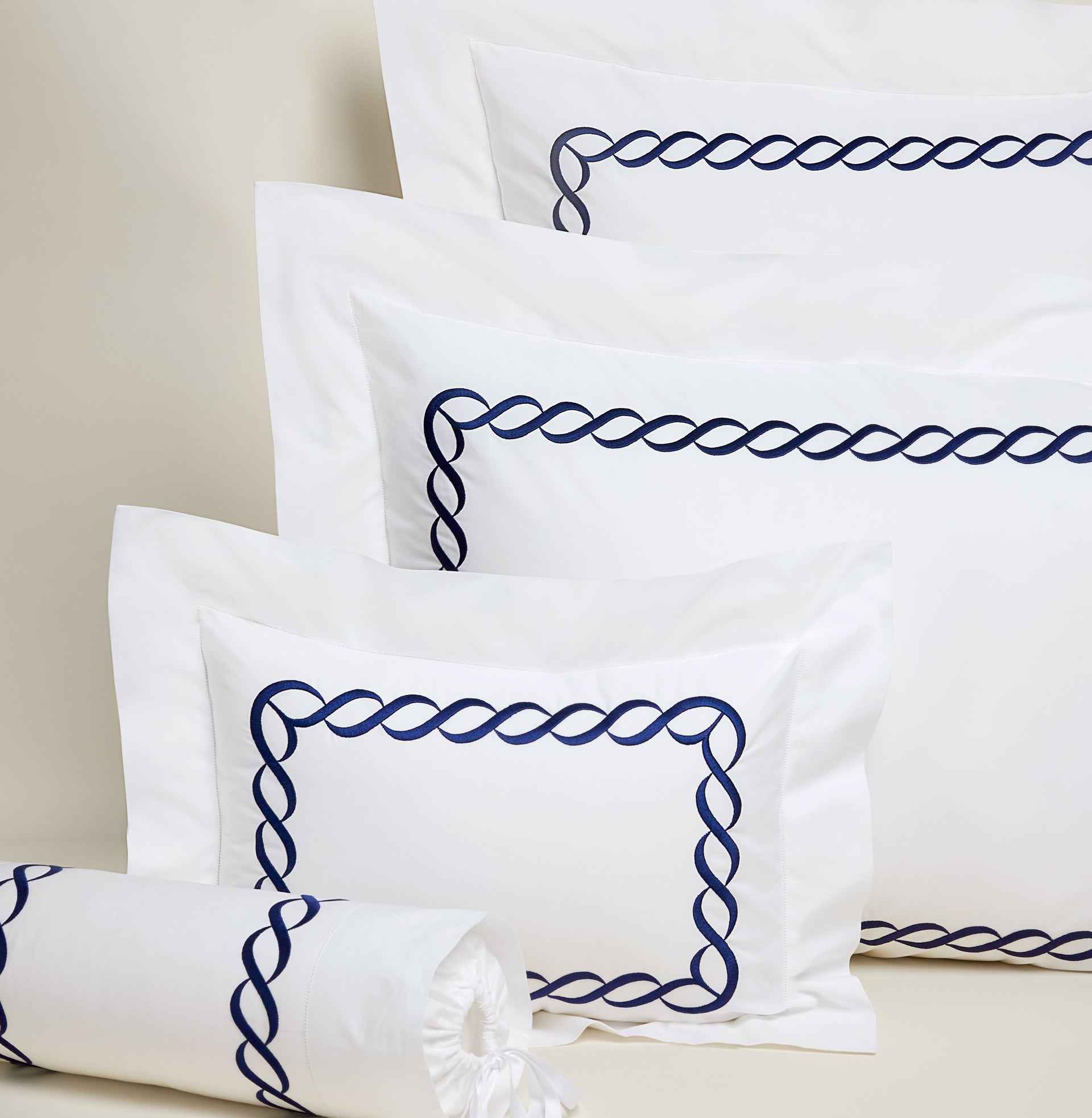 White/Navy Queen, standard, boudoir and neckroll shams